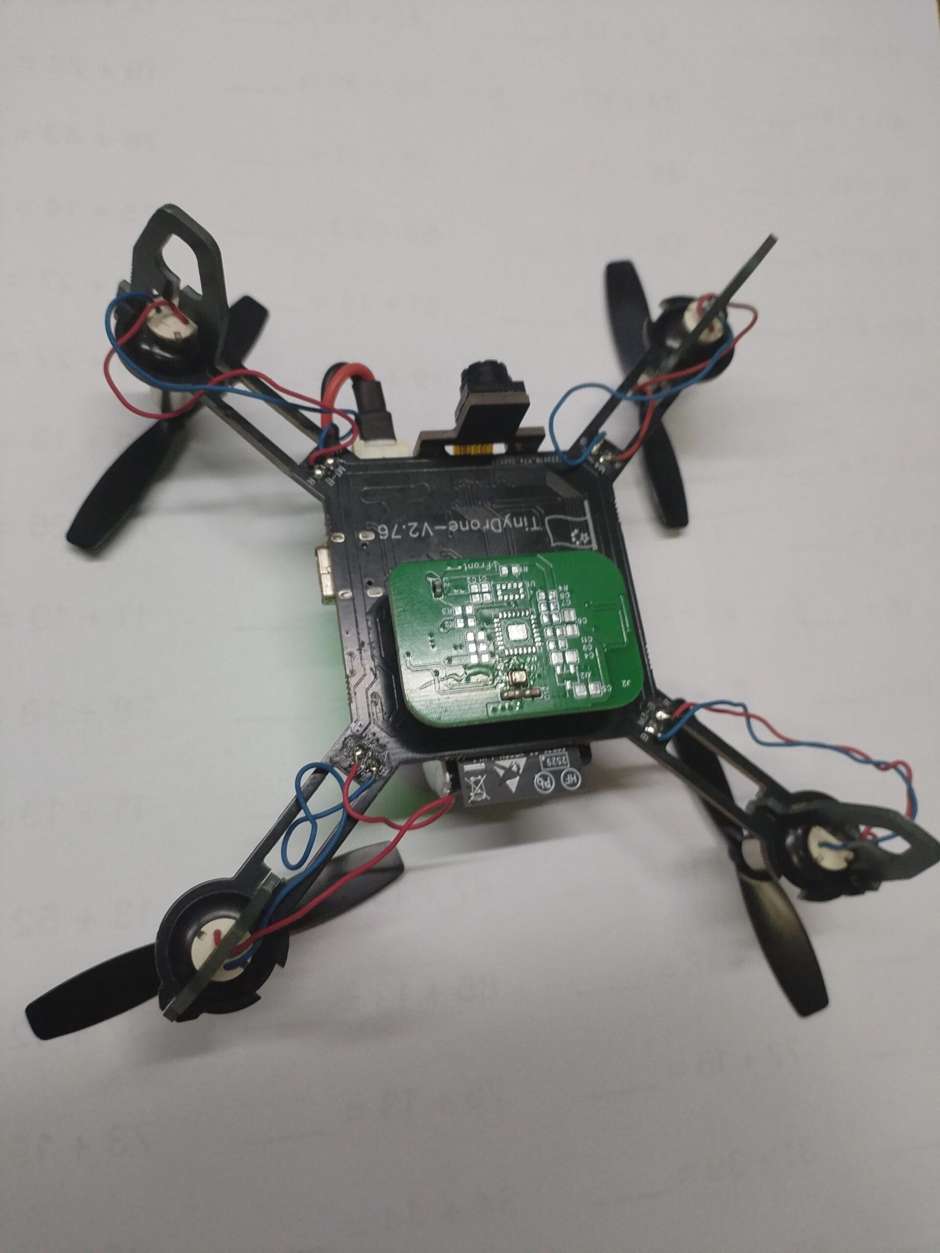Underside of the micro drone PCB marked TinyDrone-V2.76