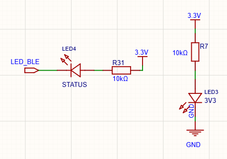 Schematic excerpt of the status LED circuit for LED_BLE, LED4 and LED3