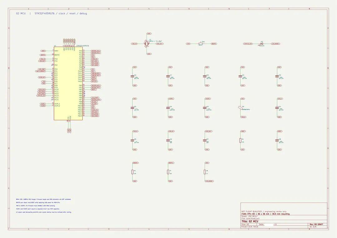 Paged schematic design page for the STM32F405 flight controller main circuit