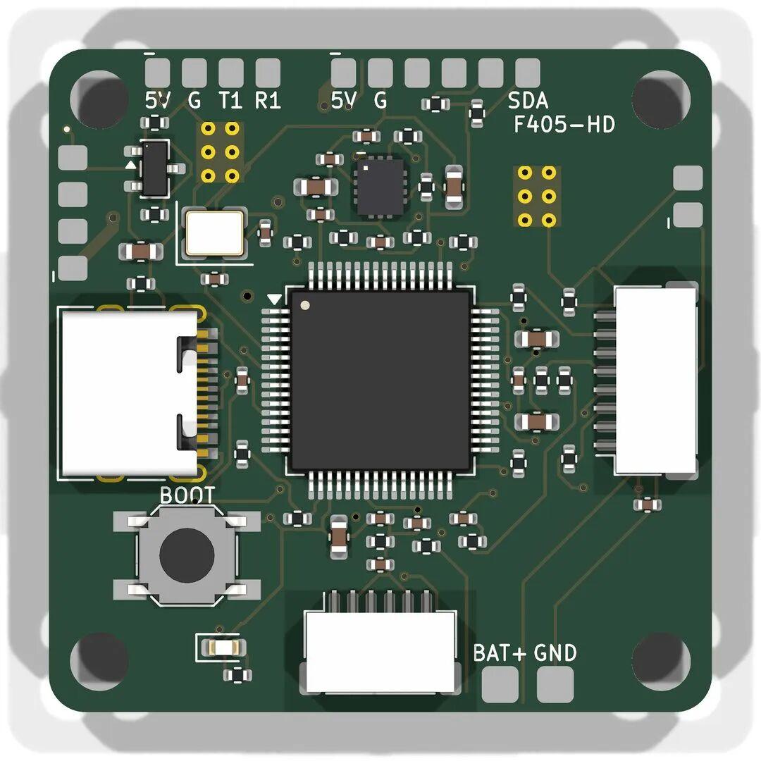 F405 flight controller PCB component placement around the central MCU