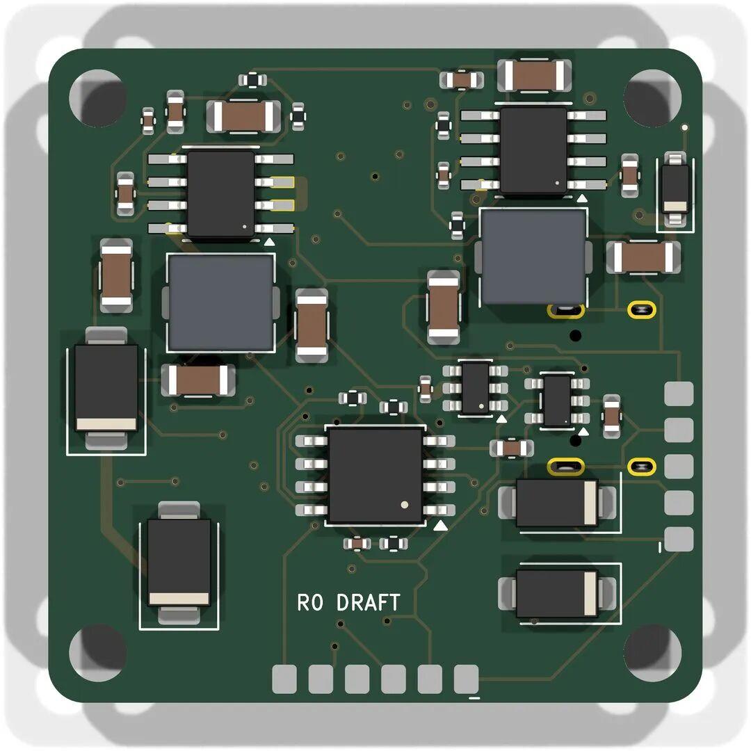 F405 flight controller PCB back side carrying the power circuits