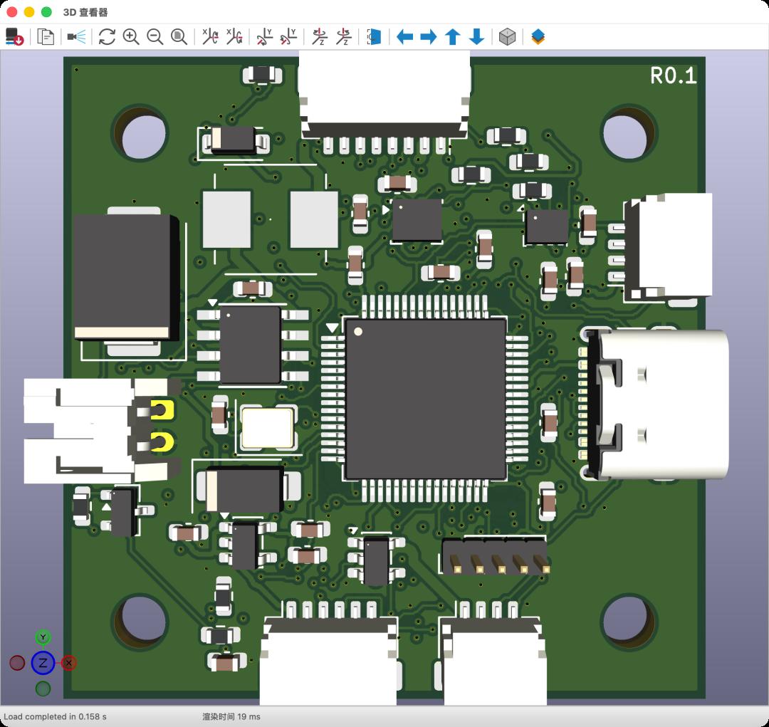 KiCad 3D viewer of the finished six-layer drone flight controller PCB prototype