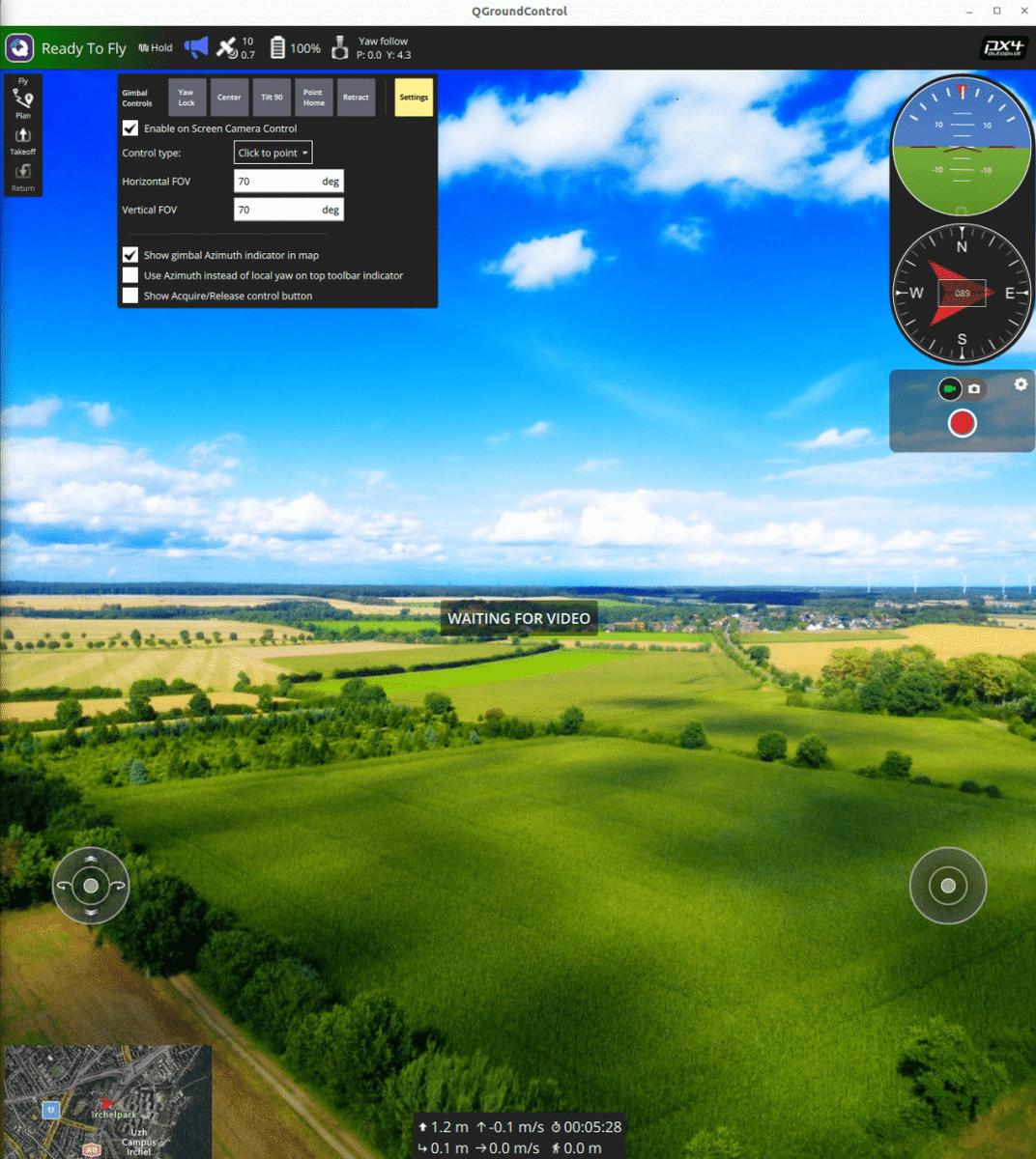 QGroundControl ground station screenshot showing the simulated flight view, attitude instruments, compass and gimbal control panel