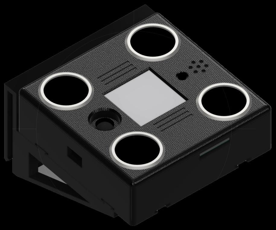VolAnti enclosure render with four microphone openings and an e-paper display